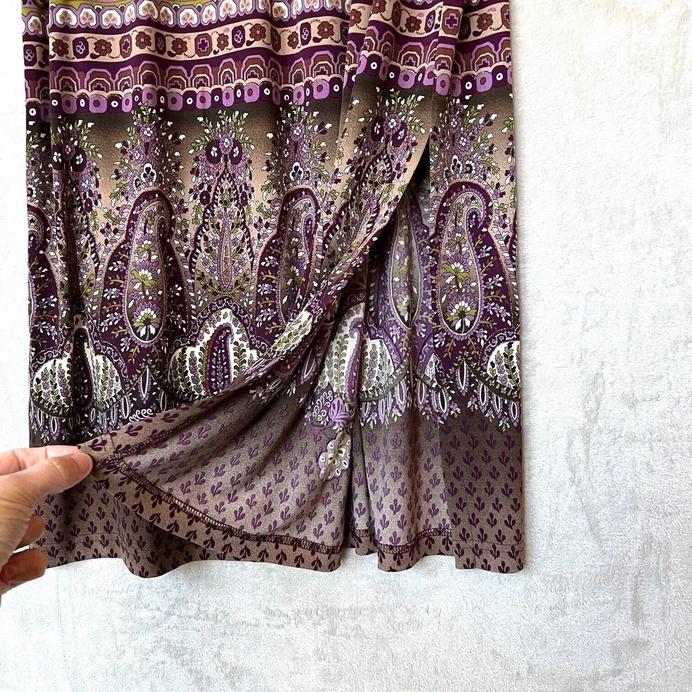 Coldwater‎ Creek Womens Maxi Skirt Sz PL Brown Purple Pull On Paisley Batik Slit